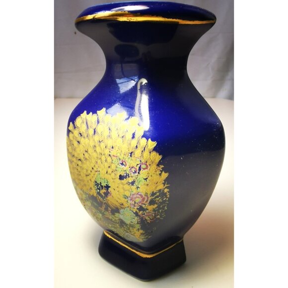 Porcelain Wall Pocket Vintage Japanese Cobalt Blue Gold Peacock Design  6.75” - Picture 7 of 10